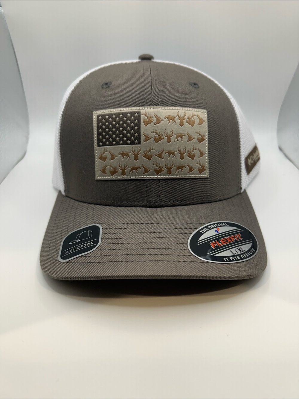 Columbia Brown & White Mesh Trucker Cap with Tactical Flag Patch